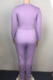 Purple Casual Solid Patchwork Fold O Neck Plus Size Two Pieces