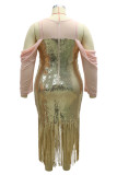 ゴールドのセクシーなパッチワークタッセルスパンコールOネックプラスサイズのドレス