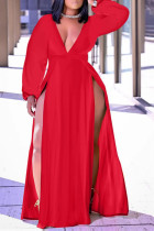 Rote, lässige, solide Patchwork-Kleider mit hoher Öffnung und geradem V-Ausschnitt in Übergröße