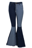 Dark Blue Casual Solid Patchwork Mid Waist Boot Cut Flare Leg Denim Jeans