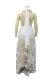 Vestido branco sexy patchwork bordado transparente sem costas frente única sem mangas