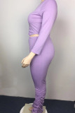 Purple Casual Solid Patchwork Fold O Neck Plus Size Two Pieces