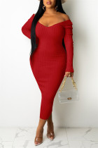 Красные модные сексуальные однотонные базовые платья с V-образным вырезом и длинными рукавами