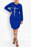 Blå Mode Casual Print Basic O-hals långärmade klänningar