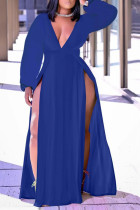 ブルー カジュアル ソリッド パッチワーク 高開口部 V ネック ストレート プラス サイズ ドレス