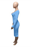 Hellblaue, modische, sexy, solide Basic-Kleider mit V-Ausschnitt und langen Ärmeln