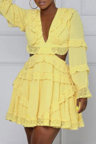 Gelbe Mode Sexy Solide Ausgehöhlte Langarmkleider mit V-Ausschnitt