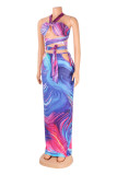 Gold Fashion Sexy Print Bandage Hollowed Out Backless Spaghetti Strap Sleeveless Two Pieces