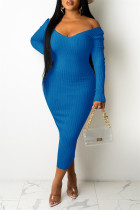 Синее модное сексуальное однотонное базовое платье с V-образным вырезом и длинным рукавом