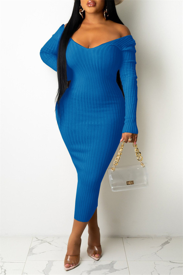 Blaue Mode Sexy Solid Basic V-Ausschnitt Langarm-Kleider