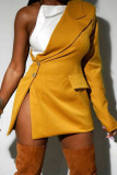 Gelbe, elegante, solide Patchwork-Knöpfe, asymmetrische Oberbekleidung mit schrägem Kragen