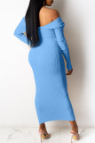 Голубые модные сексуальные однотонные базовые платья с V-образным вырезом и длинным рукавом