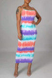 Многоцветное модное сексуальное длинное платье с открытой спиной и разрезом на тонких бретельках