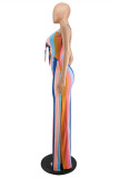 Rainbow Color Fashion Sexy Striped Print Hollowed Out Backless Spaghetti Strap Long Dress