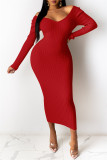 Vestidos de manga larga con cuello en V básicos sólidos sexy de moda roja