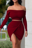 Red Sexy Solid Patchwork Frenulum Asymmetrical Off the Shoulder Long Sleeve Two Pieces