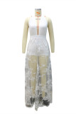 White Fashion Sexy Patchwork Embroidery See-through Backless Halter Sleeveless Dress