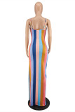 Rainbow Color Fashion Sexy Striped Print Hollowed Out Backless Spaghetti Strap Long Dress