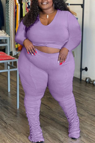 Purple Casual Solid Split Joint Fold O Neck Plus Size Two Pieces