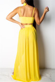 Yellow Fashion Sexy Solid Patchwork Backless Spaghetti Strap Sleeveless Two Pieces