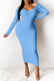 Light Blue Fashion Sexy Solid Basic V Neck Long Sleeve Dresses