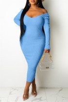 Ljusblå Mode Sexiga Solid Basic V-hals långärmade klänningar