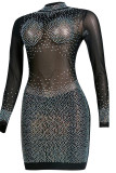 Colour Sexy Patchwork Hot Drilling See-through Half A Turtleneck Long Sleeve Dresses