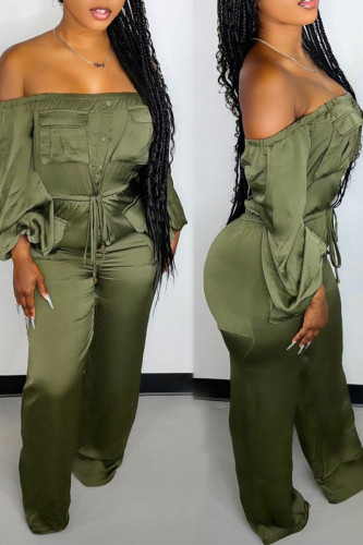 Green Casual Solid Patchwork Pocket Frenulum Off the Shoulder Straight Jumpsuits