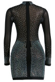 Colour Sexy Patchwork Hot Drilling See-through Half A Turtleneck Long Sleeve Dresses