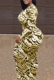 Желтый сексуальный принт в стиле пэчворк с круглым вырезом и юбкой в ​​один шаг Платья