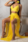 Yellow Fashion Sexy Solid Patchwork Backless Spaghetti Strap Sleeveless Two Pieces