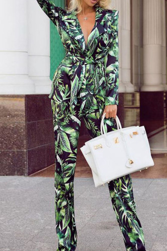 Green Casual Work Print Patchwork Turn-back Collar Long Sleeve Two Pieces
