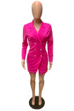Rozerode mode casual effen patchwork jurken met V-hals en lange mouwen