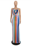 Regnbågsfärg Mode Sexigt randigt tryck urholkat rygglös lång klänning med spaghettiband