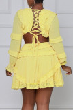 Желтые модные сексуальные сплошные выдолбленные платья с V-образным вырезом и длинным рукавом
