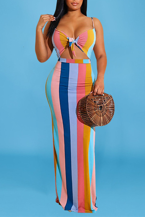 Regenbogen-Farben-Mode, sexy, gestreifter Druck, ausgehöhltes, rückenfreies, langes Kleid mit Spaghettiträgern