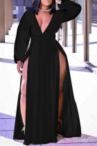 Zwarte casual effen patchwork hoge opening V-hals rechte grote maten jurken