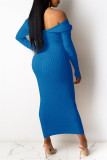 Голубые модные сексуальные однотонные базовые платья с V-образным вырезом и длинным рукавом