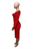 Vestidos de manga larga con cuello en V básicos sólidos sexy de moda roja
