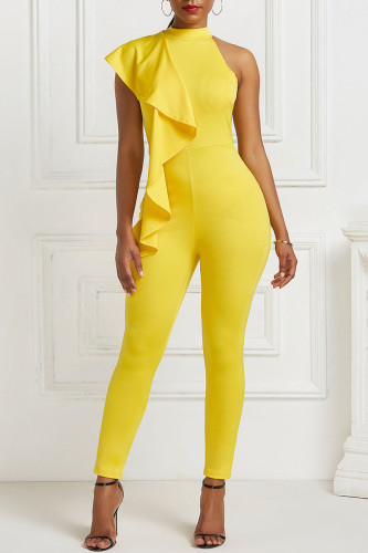Yellow Fashion Casual Solid Patchwork O Neck Jumpsuits