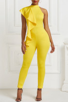 Gelbe, modische, lässige, solide Patchwork-Jumpsuits mit O-Ausschnitt