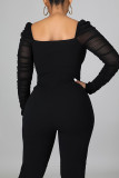 Black Sexy Solid Patchwork See-through Square Collar Regular Jumpsuits