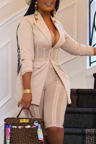 Cream White Casual Solid Patchwork Turndown Collar Long Sleeve Two Pieces