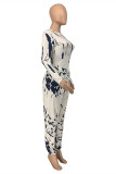 Blue Fashion Casual Print Basic O Neck Long Sleeve Two Pieces