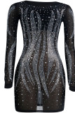 Zwarte sexy hete boren patchwork doorzichtige O-hals jurken met lange mouwen