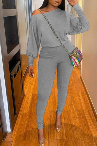 Grey Casual Solid Patchwork O Neck Long Sleeve Two Pieces