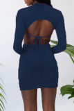 Blue Sexy Solid Hollowed Out Patchwork Backless Asymmetrical O Neck Pencil Skirt Dresses