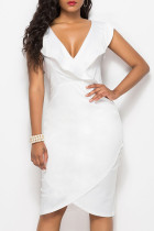 Vestidos de falda de un paso con cuello en V de patchwork sólido sexy de moda blanca