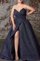 ブルーファッションセクシーなソリッドバックレスストラップレスイブニングドレスプラスサイズのドレス