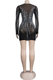 Black Sexy Hot Drilling Patchwork See-through O Neck Long Sleeve Dresses